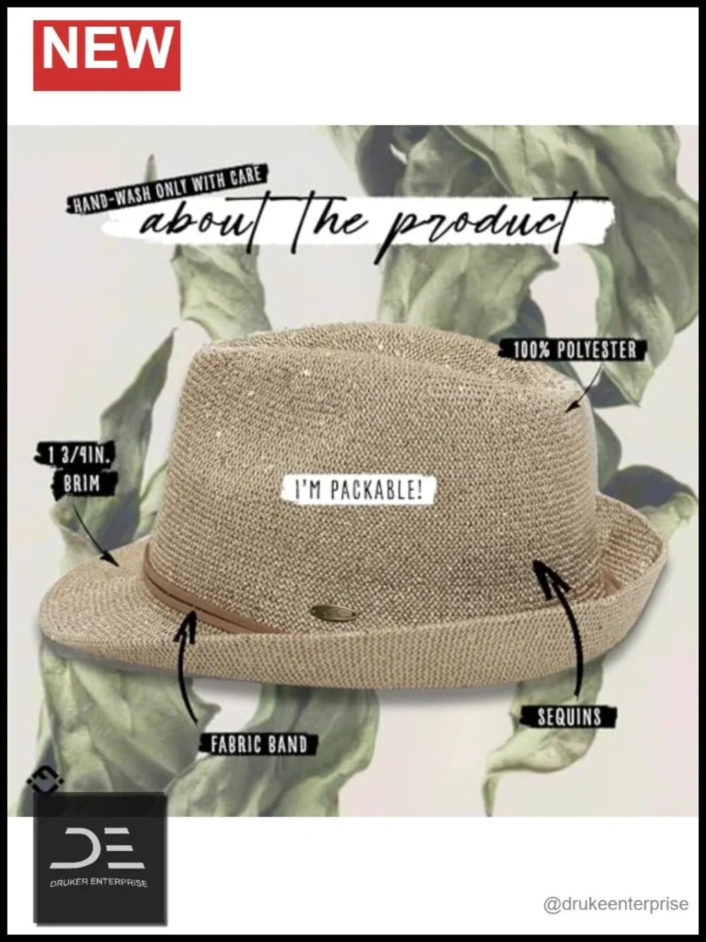 Natural Raffia Straw Fedora with UPF 50+, Packable Short Brim